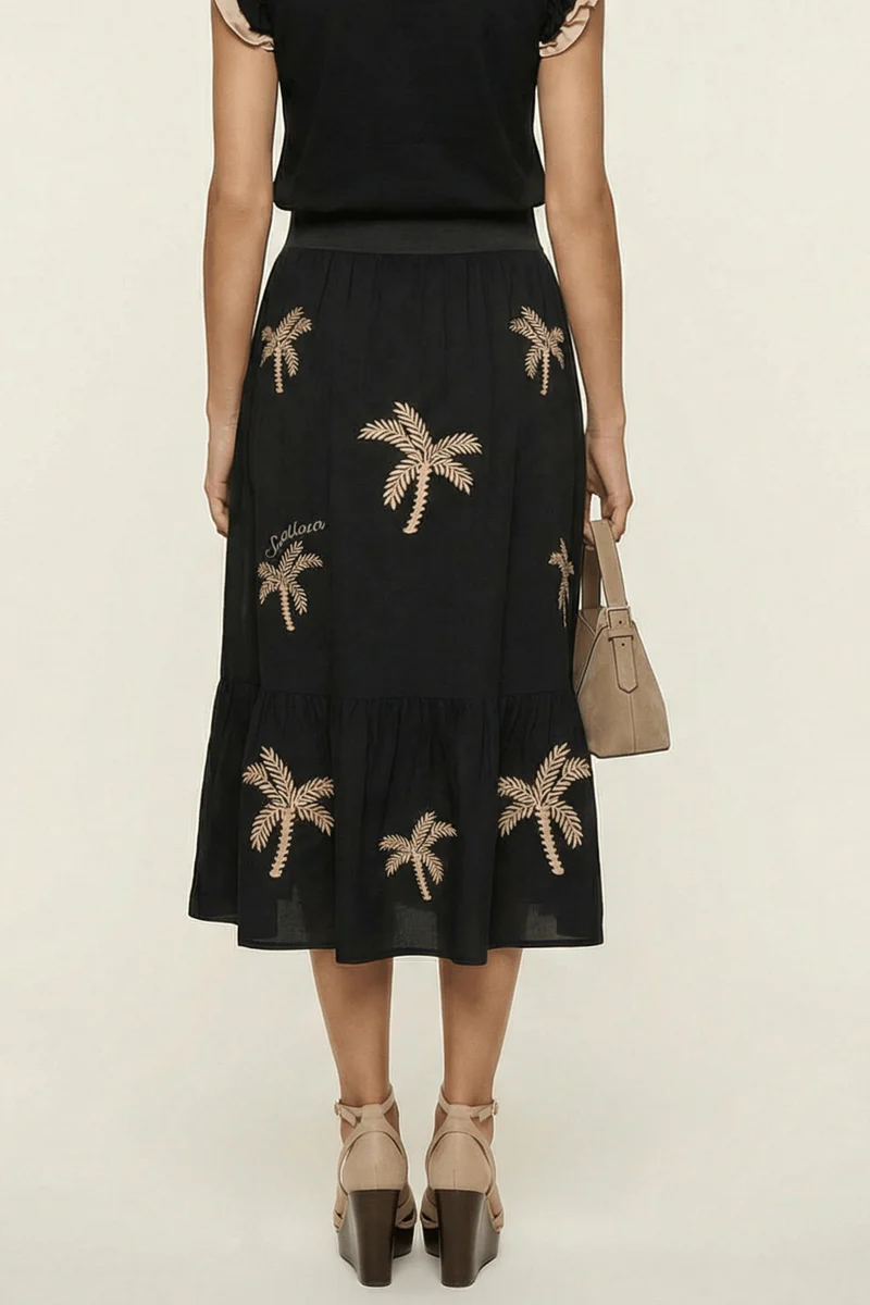 2354DR Falda midi negra con palmeras bordadas y abertura Lolitas & L - Imagen 2